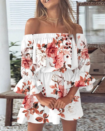 Chloe | Chic Printed Off-Shoulder Dress - White Flower / S - AMVIM