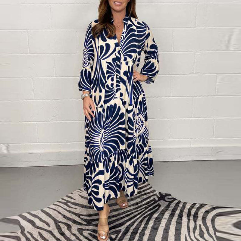 Gabriella | Summer Dress With Elegant Print - Long / S / Blue - AMVIM