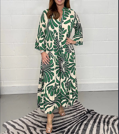 Gabriella | Summer Dress With Elegant Print - Long / S / Green - AMVIM