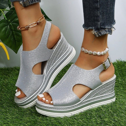Mia | Chic Glitter Wedge Sandals - Silver / 36 - AMVIM